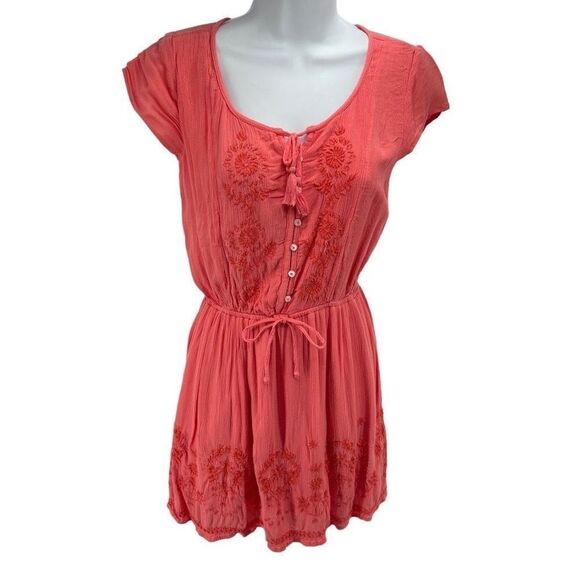 Hollister Mini Dress Floral Embroidered Button Stretch Elastic Waist coral small - Picture 14 of 15